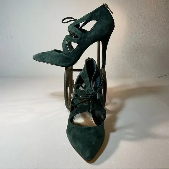 White House black market Money Green Suede Lace Up Heels 9 - Picture 8 of 10